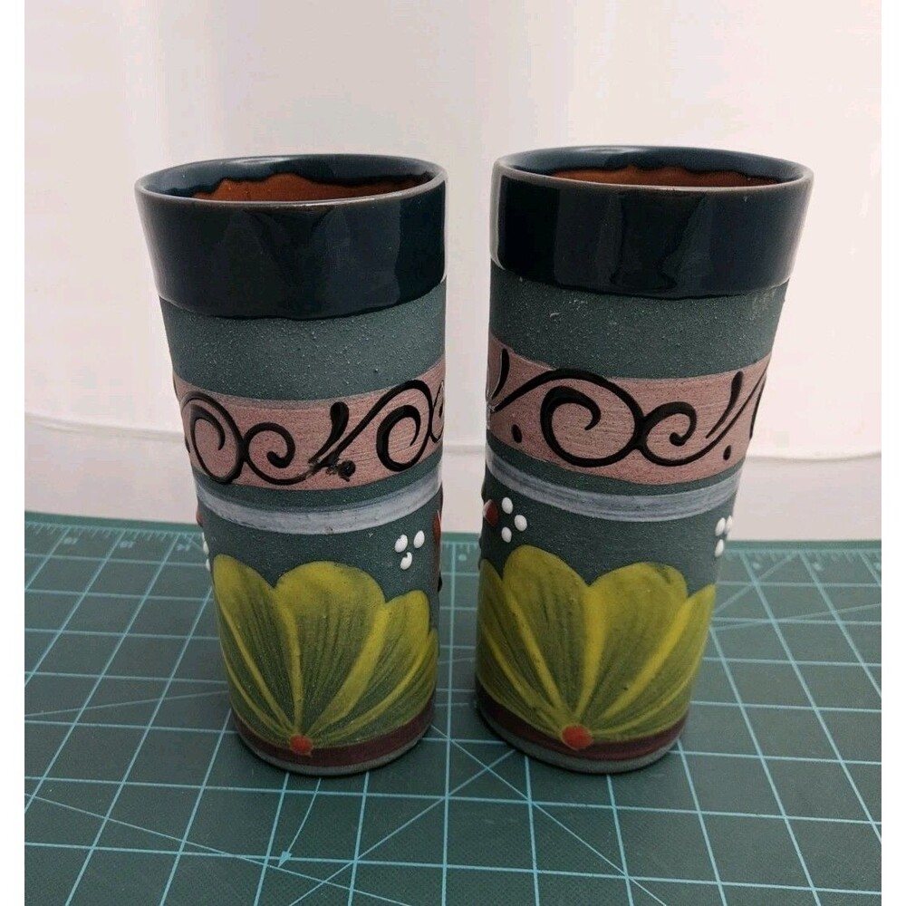 Talavera Whimsical Floral Mexican Hand Painted Pottery Cups Tall Lot of 2